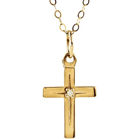 14k Yellow Gold Diamond Youth Cross 15" Necklace & Packaging