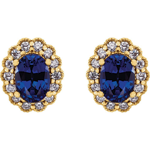 14k Yellow Gold Chatham® Created Blue Sapphire & 3/8 CTW Diamond Earrings