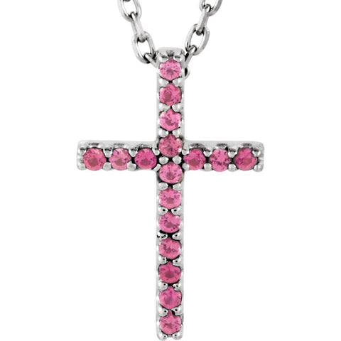 14k White Gold Pink Tourmaline Cross 16" Necklace