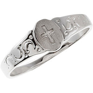 14k White Gold Youth Signet Ring with Cross Size 3