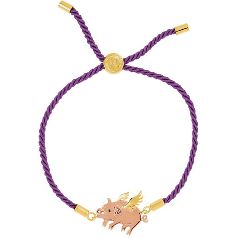 18K Yellow & Rose Vermeil Flying Pig Purple Satin 8" Bracelet for Luck 18K Yellow & Rose Vermeil Flying Pig Purple Satin 8" Bracelet for Luck