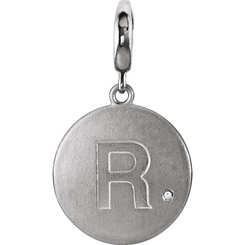 Sterling Silver Block Initial "R" Disc Charm with .005 CTW Diamond Accent