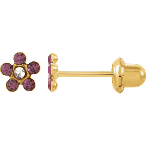 14k Yellow Gold Imitation "January" Youth Birthstone Flower Inverness Piercing Earrings