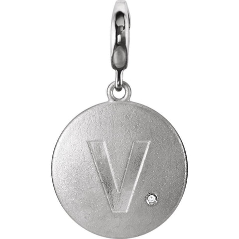 Sterling Silver Block Initial "V" Disc Charm with .005 CTW Diamond Accent
