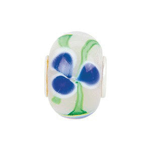 Sterling Silver 14x10mm Blue Flower Green Swirl Glass Bead Sterling Silver 14x10mm Blue Flower Green Swirl Glass Bead