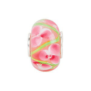 Sterling Silver 14x10mm Pink and Green Flower Glass Bead Sterling Silver 14x10mm Pink and Green Flower Glass Bead