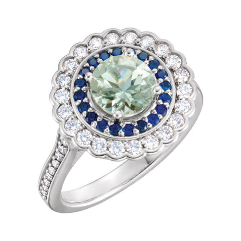 Platinum Green Quartz, Blue Sapphire & 1/2 CTW Diamond Engagement Ring, Size 7