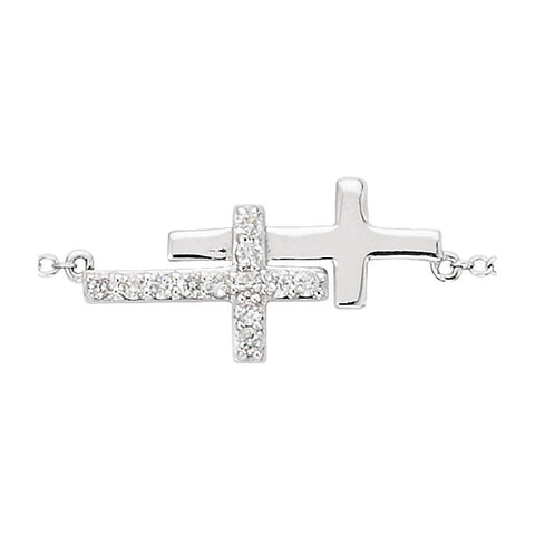 Sterling Silver Cubic Zirconia Double Sideways Cross 8" Bracelet