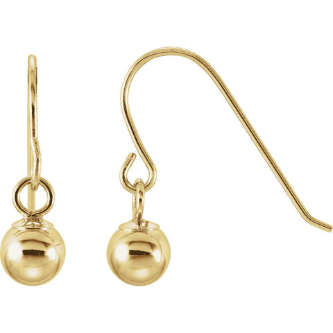 14k Yellow Gold 15x4mm Youth Bishop Hook Ball Earrings