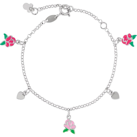 Sterling Silver Belle Enamel Roses & Hearts 5.5-7.5" Bracelet Sterling Silver Belle Enamel Roses & Hearts 5.5-7.5" Bracelet