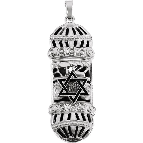 Sterling Silver 37x13mm Mezuzah Pendant with Blue & White Enamel Sterling Silver 37x13mm Mezuzah Pendant with Blue & White Enamel