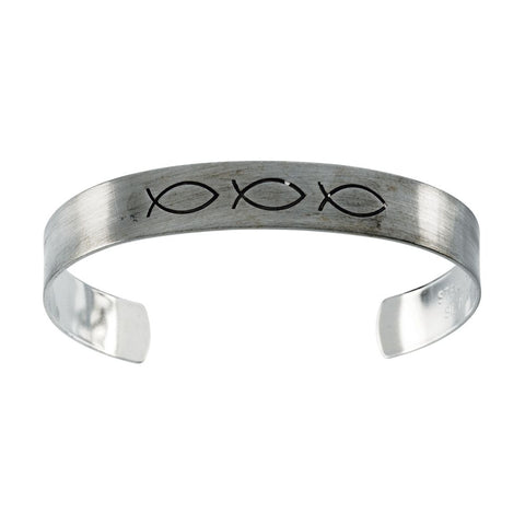 Sterling Silver 9.5mm Antiqued Ichthus Cuff Bracelet
