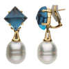 Elegant and Stylish Pair of 10X10 MM and 11 MM Circle South Sea Cultured Pearl and Genuine London Blue Topaz Earrings in 18K White Gold, 100% Satisfaction Guaranteed.