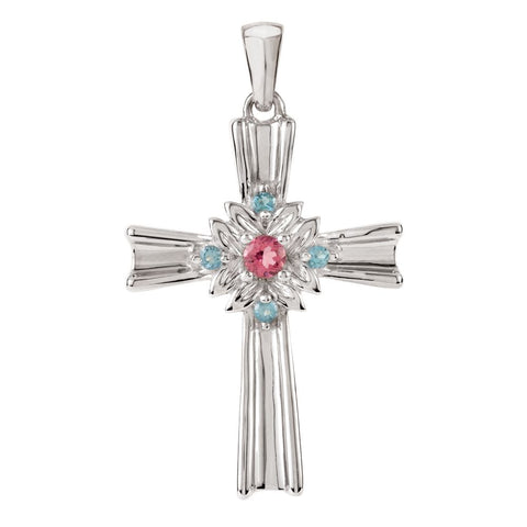 Sterling Silver Pink Tourmaline & Swiss Blue Topaz Cross Pendant Sterling Silver Pink Tourmaline & Swiss Blue Topaz Cross Pendant
