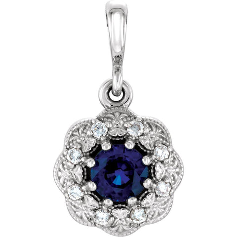 14k White Gold Blue Sapphire & .06 CTW Diamond Pendant