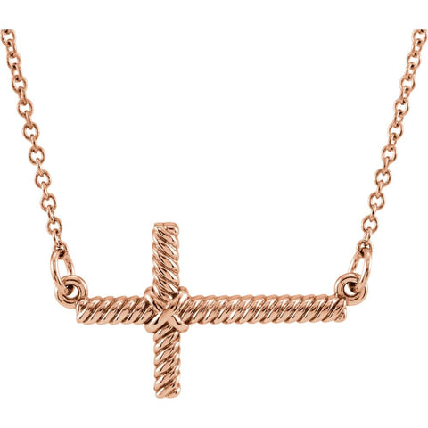 14k Rose Gold 11.3x20.15mm Sideways Rope Cross 16.5" Necklace 14k Rose Gold 11.3x20.15mm Sideways Rope Cross 16.5" Necklace