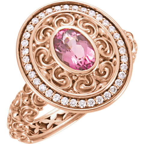 14k Rose Gold 7x5mm Pink Tourmaline & 1/5 CT Diamond Ring, Size 7