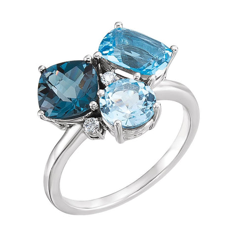 14k White Gold Swiss, London, & Sky Blue Topaz & .05 CTW Diamond Ring, Size 7