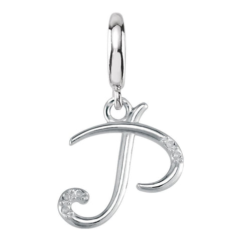 Sterling Silver .03 CTW Diamond 1mm Round Script Initial Charm Letter "P"