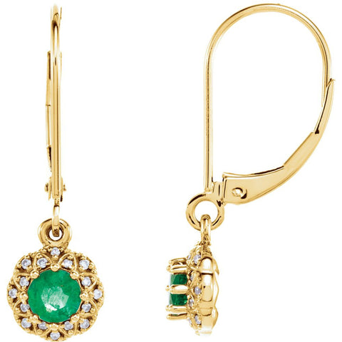 14k Yellow Gold Emerald & .08 CTW Diamond Earrings