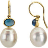 Elegant and Stylish Pair of 08.00X06.00 MM and 12.00 MM South Sea Cultured Pearl Genuine London Blue Topaz Earrings in 14K Yellow Gold, 100% Satisfaction Guaranteed.