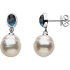 Elegant and Stylish Pair of 08.00X06.00 MM and 12.00 MM South Sea Cultured Pearl Genuine London Blue Topaz Earrings in 14K Yellow Gold, 100% Satisfaction Guaranteed.