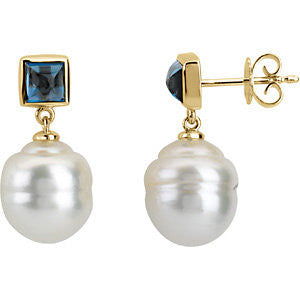 14k Yellow Gold South Sea Cultured Pearl & London Blue Topaz Earrings