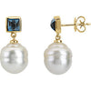 Elegant and Stylish Paspaley South Sea Cultured Pearl and Genuine London Blue Topaz Earrings in 14k Yellow Gold, 100% Satisfaction Guaranteed.