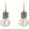 Elegant and Stylish Pair of 06.00 MM and 12.00 MM South Sea Cultured Pearl and Genuine London Blue Topaz Earrings in 14K Yellow Gold, 100% Satisfaction Guaranteed.