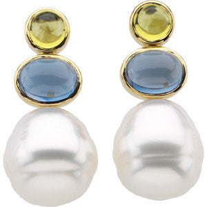 14k White Gold South Sea Cultured Circlé Pearl, Genuine Peridot & Genuine London Blue Topaz Earrings
