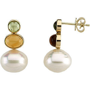 14k Yellow Gold South Sea Cultured Circlé Pearl, Genuine Peridot & Genuine Citrine Earrings