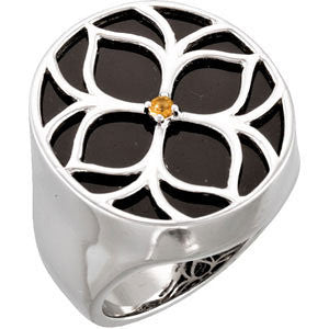 Sterling Silver Onyx & Citrine Floral-Inspired Ring, Size 7 Sterling Silver Onyx & Citrine Floral-Inspired Ring, Size 7