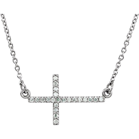 14k White Gold 1/10 CTW Diamond Sideways Cross 16-18" Necklace