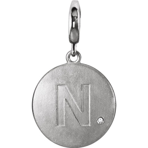 Sterling Silver Block Initial "N" Disc Charm with .005 CTW Diamond Accent