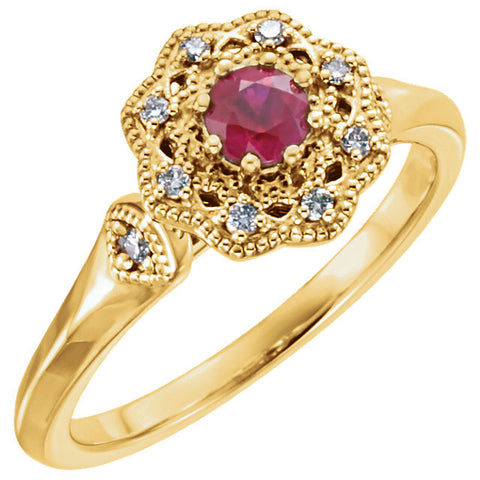14k Yellow Gold Ruby & 1/10 CTW Diamond Ring, Size 7
