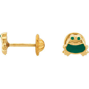 14k Yellow Gold Youth Enameled Frog Earrings