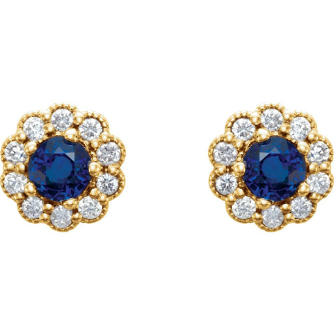 14k Yellow Gold Blue Sapphire & 1/6 CTW Diamond Earrings
