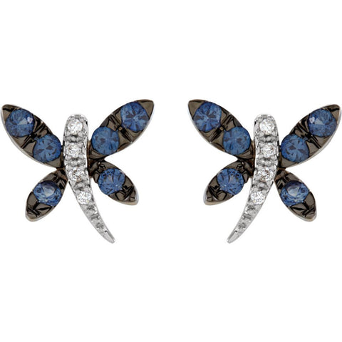 14k White Gold Blue Sapphire & Diamond Dragonfly Earrings