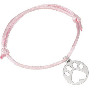 Sterling Silver Pink Satin Cord Adjustable Bracelet with Paw Charm