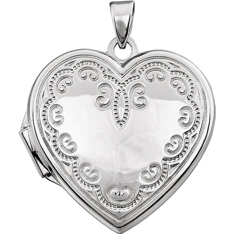 14k White Gold Heart Locket with Scroll Design