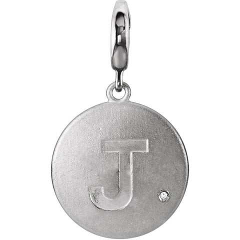 Sterling Silver Block Initial "J" Disc Charm with .005 CTW Diamond Accent