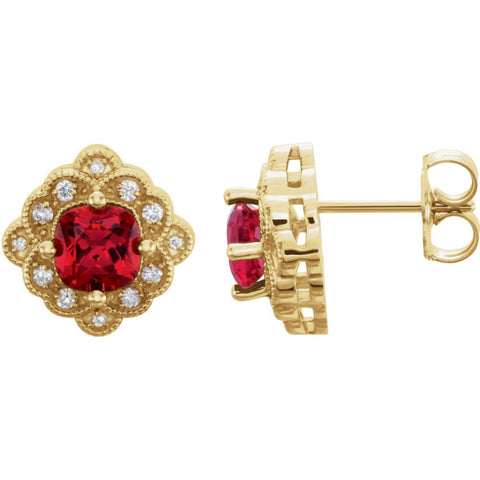 14k Yellow Gold Chatham® Created Ruby & 1/10 CTW Diamond Earrings