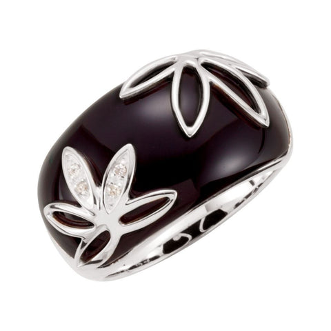 Sterling Silver Onyx & Diamond Accented Floral-Inspired Ring, Size 7 Sterling Silver Onyx & Diamond Accented Floral-Inspired Ring, Size 7