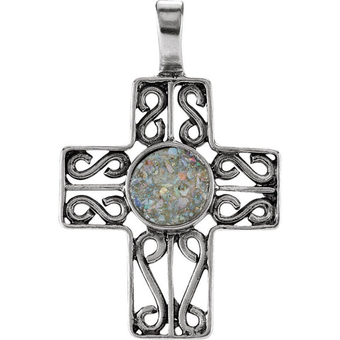 Sterling Silver Cross Pendant with Ancient Roman Glass Design Sterling Silver Cross Pendant with Ancient Roman Glass Design