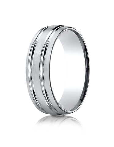 Benchmark Platinum 7mm Comfort-Fit Satin-Finished with Parallel Grooves Carved Design Band, (Sizes 4-15)