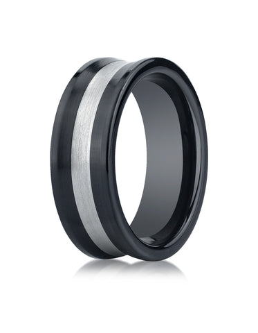 Benchmark Ceramic 8mm Comfort-Fit Satin-Finished Concave Silver Inlay Design Wedding Band Ring