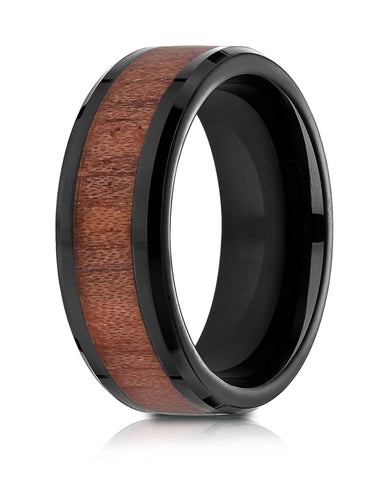 Benchmark Blackened Cobaltchrome 8mm Comfort-Fit Drop Beveled Rosewood Inlay Cobalt Ring, (Sizes 6-14)