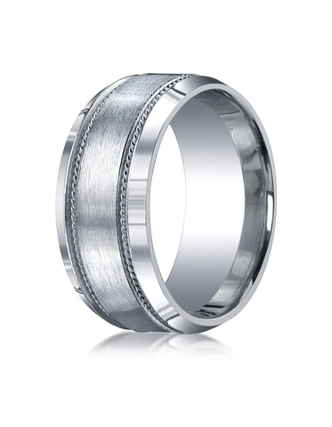 Benchmark Argentium Silver 10mm Comfort-Fit Satin-Finished Rope Edge Design Wedding Band Ring