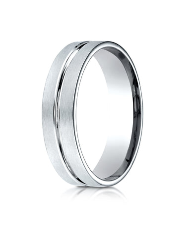 Benchmark 10K White Gold 6mm Comfort-Fit Satin-Finished with High Polished Center Cut Carved Design Ring