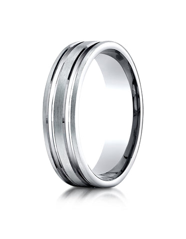 Benchmark 10K White Gold 6mm Comfort-Fit Satin-Finished with Parallel Grooves Carved Design Wedding Band